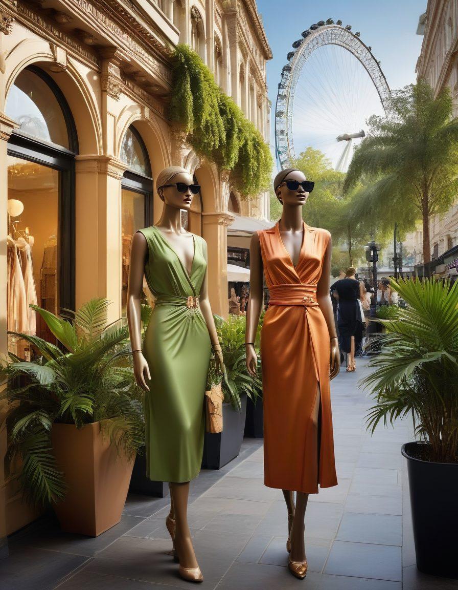 A chic resort scene showcasing stylish outfits displayed on mannequins in a luxurious London boutique. Include elegant swimwear, fashionable sunglasses, and lightweight cover-ups with iconic London landmarks in the background. The ambiance should be vibrant and inviting, evoking a sense of luxury and relaxation. Add soft lighting and lush greenery for a tropical touch. super-realistic. vibrant colors.