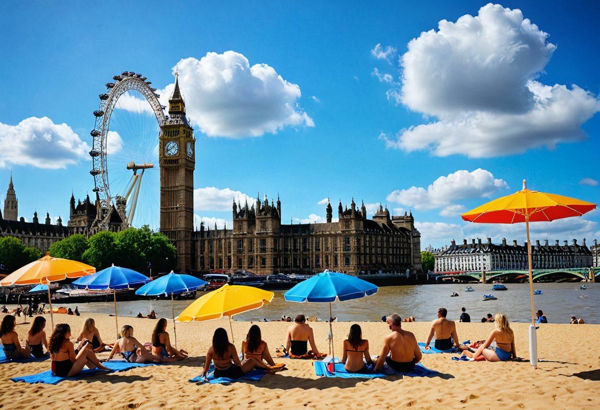 A lively beach scene featuring stylish bikinis and colorful beachwear, with iconic London landmarks like Big Ben and the London Eye in the background. Vibrant beach umbrellas and sunbathers add energy to the scene, showcasing a variety of swimwear styles. The sky is clear blue with a few fluffy clouds, capturing the essence of a perfect London getaway. vintage travel poster. bright colors. playful style.